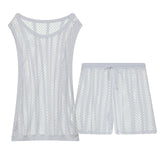 Mens Undershirt Set Mesh Tank Tops Boxers Sexy Sheer Fishnet Hollow Sleeveless Singlet Shorts Nightwear