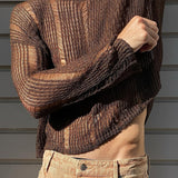 Foesce New Arrivals Autumn Sexy Hollow Mesh Knit T-shirts Men Streetwear Pullovers Solid Long Sleeve Crew Neck Tees Mens Clothing