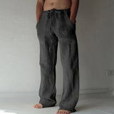 Men Baggy Cotton Linen Pants Casual Pocket Wide Leg Pant Full Length Drawstring Man Sport Pants Plus Size Loose Pants Streetwear
