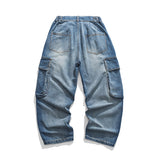 Green & Blue Patchwork Color Men Loose Denim Pants Elastic Waist New Letters Printed Hip Hop Mens Cargo Jeans