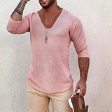 Mens New Autumn Casual Skinny Long Sleeve V-Neck Tee Shirt Fashion All-match Tops Pullover Retro Rib Solid Knitted Shirts