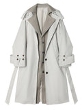 Women Gray Color-block Big Size Trench New Lapel Long Sleeve Loose Fit Windbreaker Fashion Tide Spring Autumn
