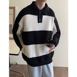 Casual Winter Lapel Sweater Men Warm Fashion Knitted Pullover Men Korean Loose Stripe Long Sleeve Sweater Mens Jumper Clothes