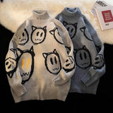 Foesce Men Turtleneck Cute Anime Cartoon Knitted Sweater  Autumn Winter Streetwear Hip-hop Loose Pullover Knitwear Couples Sweaters