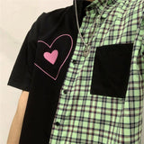 Vintage tooling shirt female summer new style plaid stitching heart kawaii lapel design sense niche chic short-sleeved loose top