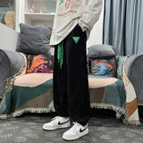 Corduroy Stripe Label Sweatpants For Men Streetwear Oversized Green Drawstring Sport Pants Fashion Design Male Trousers