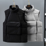 Foesce New Men's Autumn Winter Down Cotton Vest Front pocket Waistcoat Warm Sleeveless Jacket Stand Collar Solid Color Zipper Coat