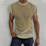 Foesce Men Summer Sleeveless O Neck Basic Pullover Tee For Man Clothing Casual Tassel Solid Shirt 2023 Hollow Knit Vest Top Streetwear