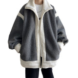 Lamb Wool Polar Fleece Contrast Color Jacket Men's Winter Loose Coat Turn Down Collar Male Zippers Outerwear