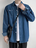 Spring New Button Pockets Men's Blue Denim Shirt Husband Fashion Long Sleeve Solid Cotton Slim Casual Shirts for Men