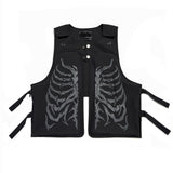 Skeleton Graphic Print Vest Jacket Men's Hihg Street Dark Style Streetwear Autumn Pocket Patchwork Techwear Male Waistcoat