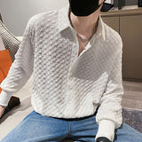 Summer Plaid Shirts Men Loose Long Sleeve Casual Shirt Black/white Single-breasted Social Party Tuxedo Blouse Men Clothing