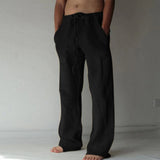 Men's Casual Pants Daily Wear Solid Summer Full Length Soft Linen Pants Mid Waist Pocket Drawstring Trousers Streetwear Bottoms