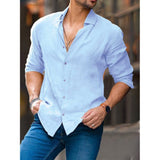 Foesce -New Autumn Men's Shirt Casual Full Sleeve Button Streetwear Lapel Solid Color Linen Shirts For Male Vintage Blouse Tops
