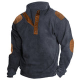 Vintage Waffed Patchwork Sweatshirt Men Spring Casual Loose Buttoned Stand Collar Pullover Mens Hoodie Fashion Streetwear