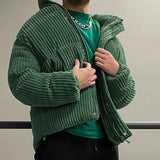 Autumn Streetwear Mens Down Jacket Winter Warm Outerwear Fashion Loose Zipper Turn-down Collar Long Sleeve Corduroy Coat For Men