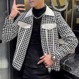 Houndstooth Version Lapel Lattice Splicing Jacket Mens  Motorcycle Jacket Korean Slim British Trend Casual Jacket