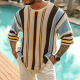 Mens Striped Knitted Sweater Pullover Tops Fashion O Neck Half Sleeve Street Blouse Summer Hollow Out Loose Casual Jacquard Tops