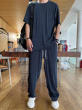 Men's Elastic silky Casual 2-Piece Set Loose Straight Pleated Sports Pants Summer Thin Section Handsome Drape Suit Mens Clothing