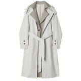Women Gray Color-block Big Size Trench New Lapel Long Sleeve Loose Fit Windbreaker Fashion Tide Spring Autumn
