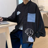 Foesce Harajuku Cartoon Boy Printed Men's Shirts Streetwear Turn-down Collar Blouses Plaid Long Sleeve Korean Tops Cardigan