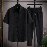 Foesce-(Shirt + trousers)summer fashion men shirt letter pattern Cotton shirts men's casual elastic waist shirts men size M-5XL