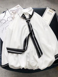 Foesce Tie Shirt Men's Long-sleeved Hong Kong Style Simple Solid Color Shirt Student Loose Elegant Top Youth Stripe Decoration Blouse