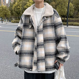 Men's Lamb Wool Cotton-Padded Jacket, Thick Fleece Lined Coat, Warm Couple's Plaid Outerwear, Trendy Loose Fashion Brand, Winter