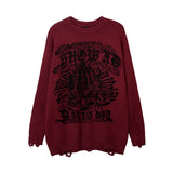Foesce Harajuku Priest Salvation Printed Knitwears Women Streetwear Hip Hop Destroyed Hole Ripped Pullovers Jumper Oversized Men