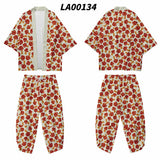 2PCS Men Print Mushroom Robe Sets Summer Rayon Pajamas Suit Cardigan Kimono Lagre Size Sleepwear Pant Casual Home Clothes