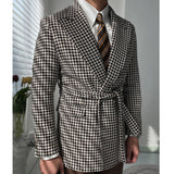 Woolen Blen Dplaid Retro Blazer Hombre Casual Men's Coat Slim Long Sleeve Belt Suit Blazers Chaqueta Invierno Hombre