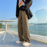 Spring Cotton Casual Pants Men Fashion Retro Oversized Plaid Pants Men Streetwear Loose Wide Leg Pants Mens Straight Trousers