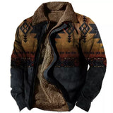 Foesce Winter Mens Warm Thick Fleece Lining Jackets Vintage Pattern Print Patchwork Turn-down Collar Buttoned Coats Men Outerwear