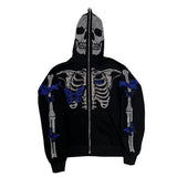 Y2K Full Zip Up Hoodie Men Autumn Winter Gothic Rhinestones Spider Web Sweatshirt Hip Hop Grunge Skeleton Oversized Jacket Coat