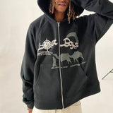 Y2K American retro letter print zipper cardigan sweater men and women high street Harajuku street ins loose casual hooded jacket