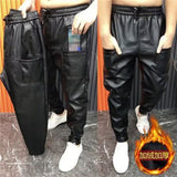 PU Strap Casual Leather Pants Velvet Men's Casual Trousers Solid Color Simple Wild Men's Casual Pants Solid Color Man pants