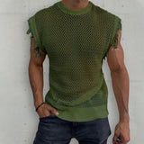 Foesce Men Summer Sleeveless O Neck Basic Pullover Tee For Man Clothing Casual Tassel Solid Shirt 2023 Hollow Knit Vest Top Streetwear