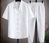 Foesce-(Shirt + trousers)summer fashion men shirt letter pattern Cotton shirts men's casual elastic waist shirts men size M-5XL