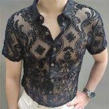 Green High Quality Transparent Floral Shirt Soft Velvet Slim-fit Men's Clothing Nightclub Short-sleeved Sexy Shirt See Through