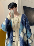 Foesce Lattice Mohair Knitted Cardigan Sweater Men's Loose Casual Patchwork Color V-neck Single Button Wear Out Tops