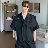 Foesce New Spring Autumn Men's Clothing Short Sleeve Pockets Man Solid Loose Temperament Handsome Turn-down Collar Zipper Korean Shirts