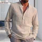 Foesce Men's Casual Cotton Linen Shirts Solid White V Neck Men Long Sleeve Shirt Button Pocket Tops Blouse Pullovers Camisas De Hombre