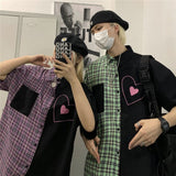 Vintage tooling shirt female summer new style plaid stitching heart kawaii lapel design sense niche chic short-sleeved loose top