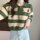 korean Bottoming Shirt Women's red Top Striped patchwork casual Loose Doll Collar Knit Sweater women Pullover All-match Sweaters