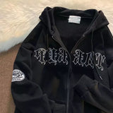Foesce Vintage  Retro Streetwear Letter Flocking Zip Up Hoodie Sweatshirt Hoodies Men and women Grunge Punk Hooded Y2k Clothes