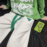 Corduroy Stripe Label Sweatpants For Men Streetwear Oversized Green Drawstring Sport Pants Fashion Design Male Trousers