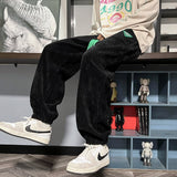 Corduroy Stripe Label Sweatpants For Men Streetwear Oversized Green Drawstring Sport Pants Fashion Design Male Trousers