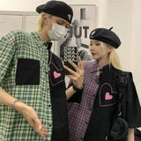 Vintage tooling shirt female summer new style plaid stitching heart kawaii lapel design sense niche chic short-sleeved loose top