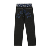 Foesce Waist Cashew Print Letter Pactchwork Ripped Jeans Mens Streetwear Straight Washed Retro Oversized Casual Denim Pants Unisex