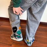 Foesce New Men's Y2K Flower Embroidered Baggy Jeans Streetwear American Casual Denim Wide-leg Pants Hombre Straight Trousers
